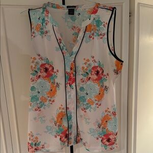 Ann Taylor Pink and Blue Sleeveless Blouse with Mandarin Collar